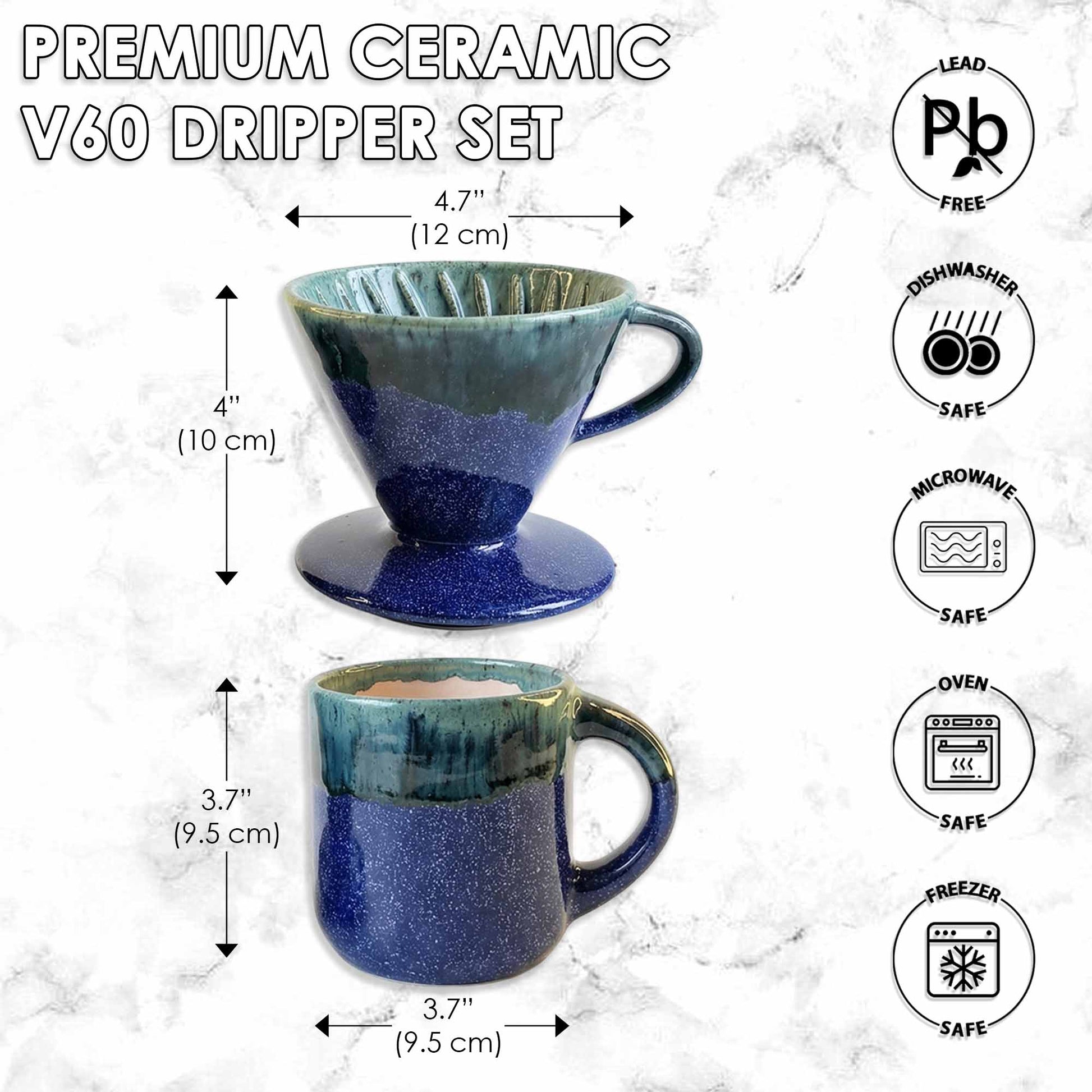 Blue ceramic V60 dripper set with measurements and safety icons on a white background