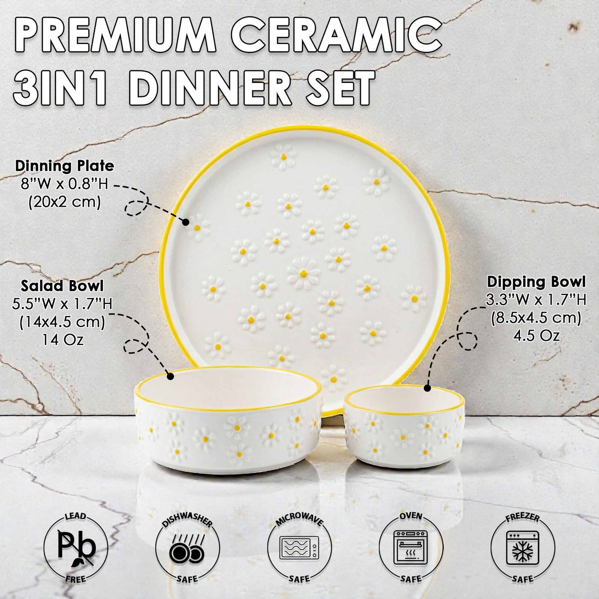 Premium ceramic 3-in-1 dinner set with plate, salad bowl, and dipping bowl on a marble background.