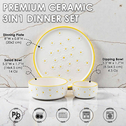 Premium ceramic 3-in-1 dinner set with plate, salad bowl, and dipping bowl on a marble background.
