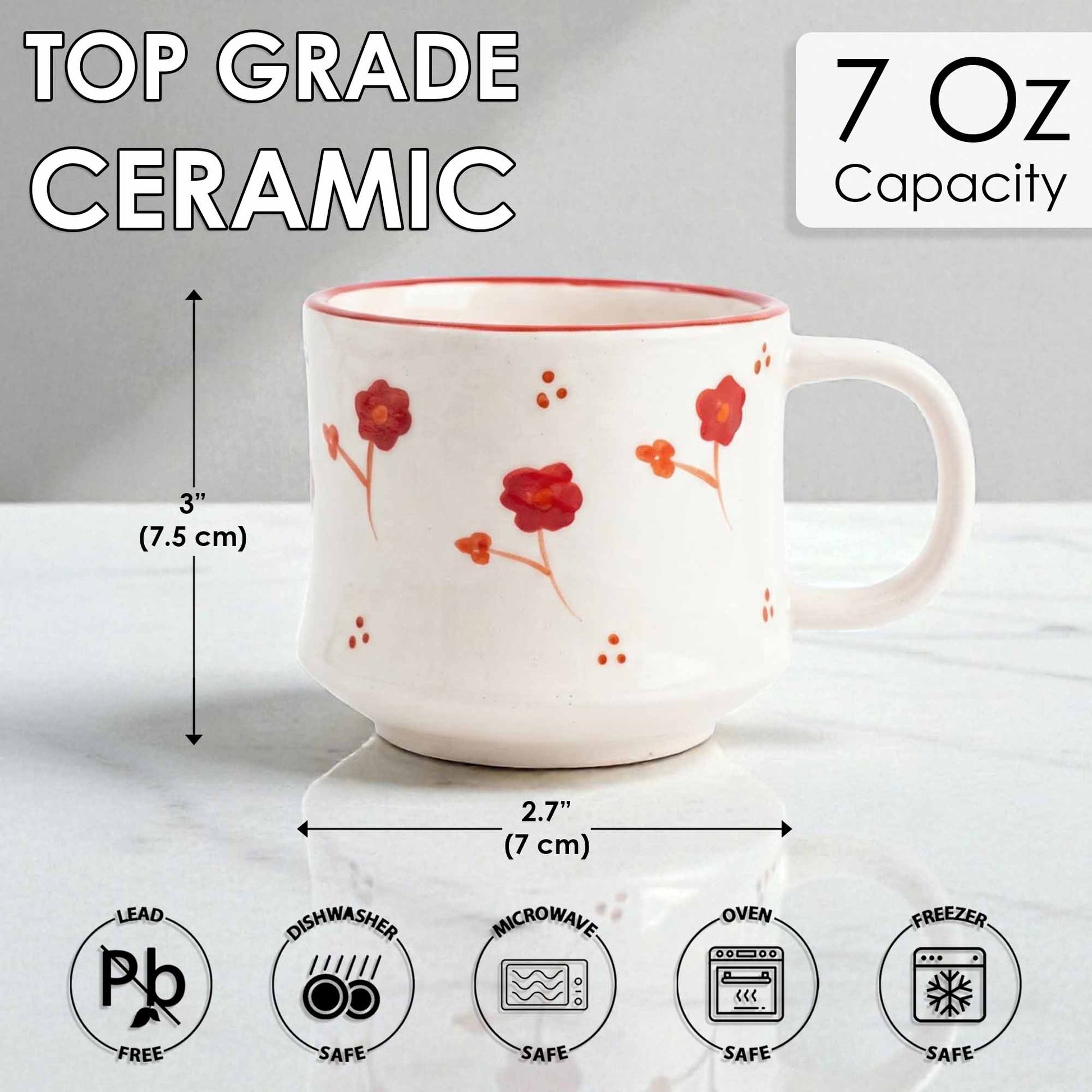 Ceramic mug with floral design, capacity and dimensions displayed.