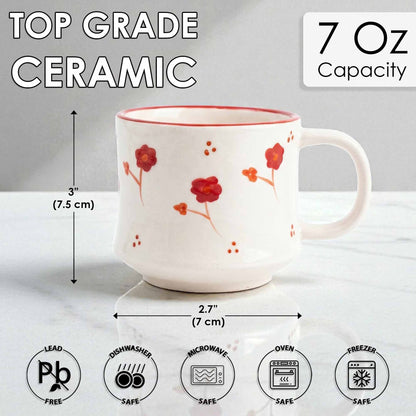 Ceramic mug with floral design, capacity and dimensions displayed.
