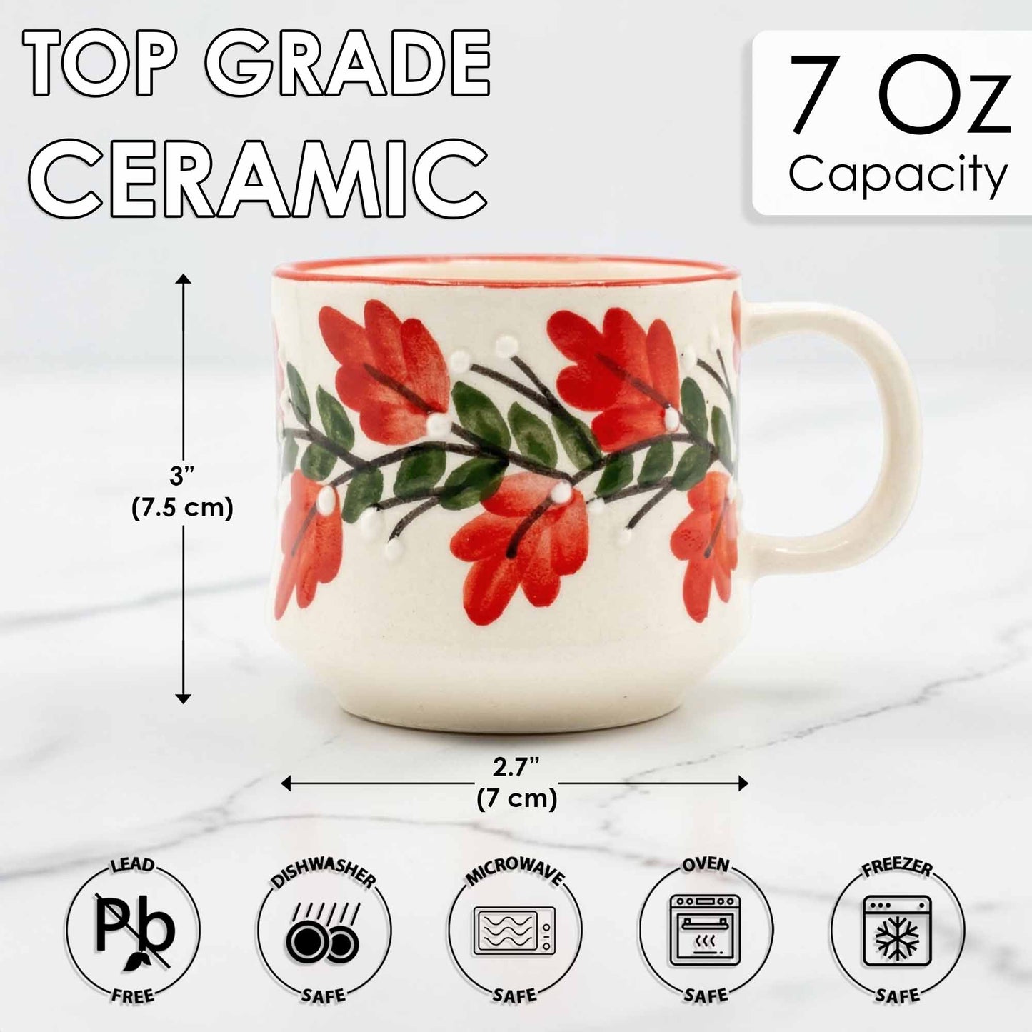 Ceramic mug with floral design, capacity, dimensions, and safety icons on a white background