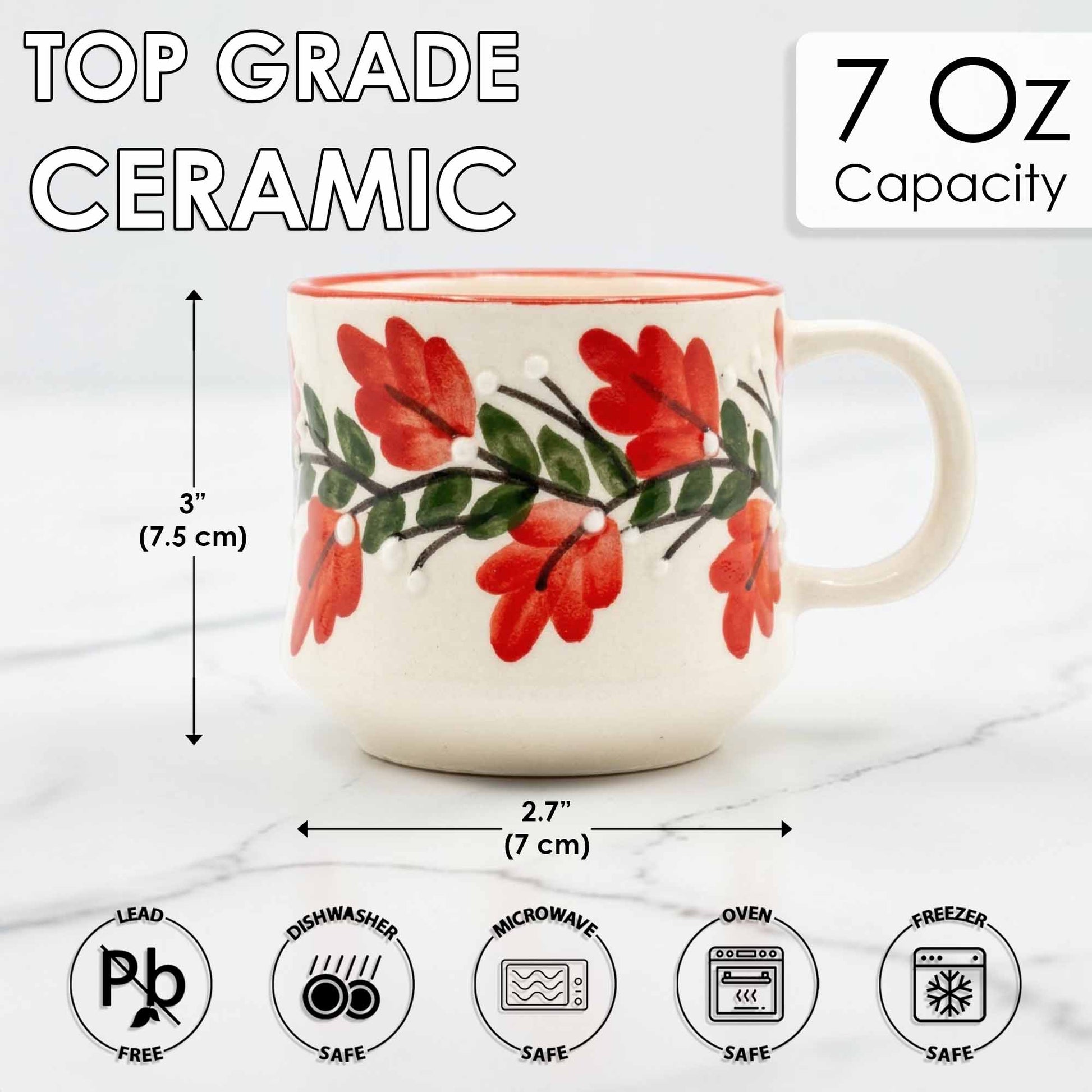 Ceramic mug with floral design, capacity, dimensions, and safety icons on a white background