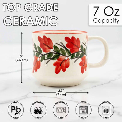 Ceramic mug with floral design, capacity, dimensions, and safety icons on a white background