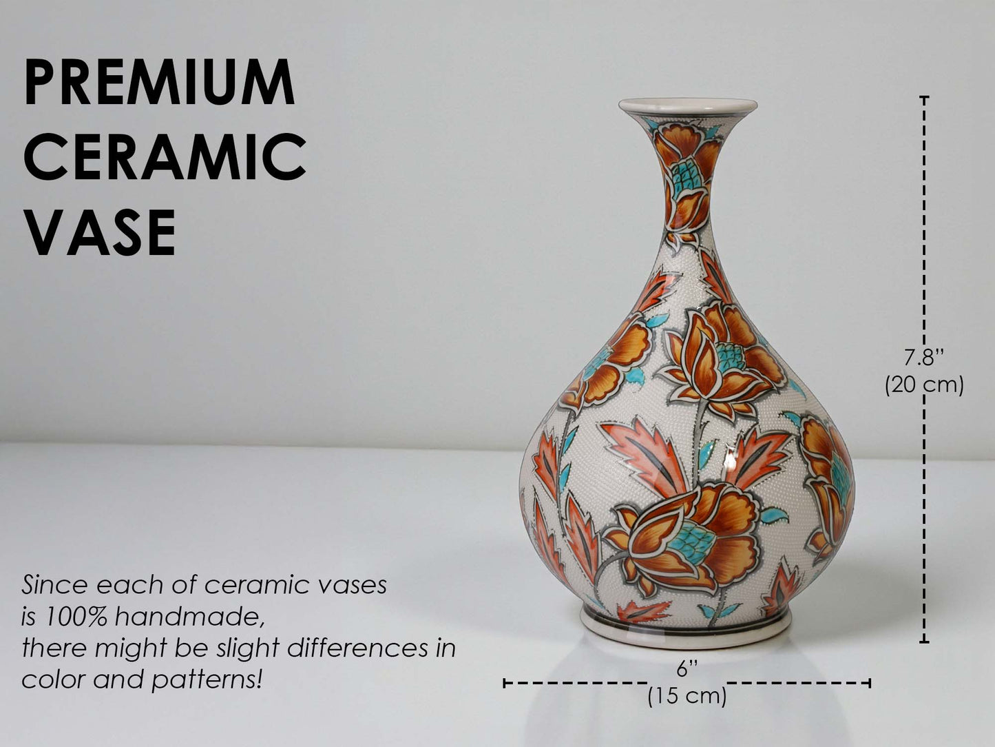 Ceramic ceramic vase with floral patterns and measurements on a white background