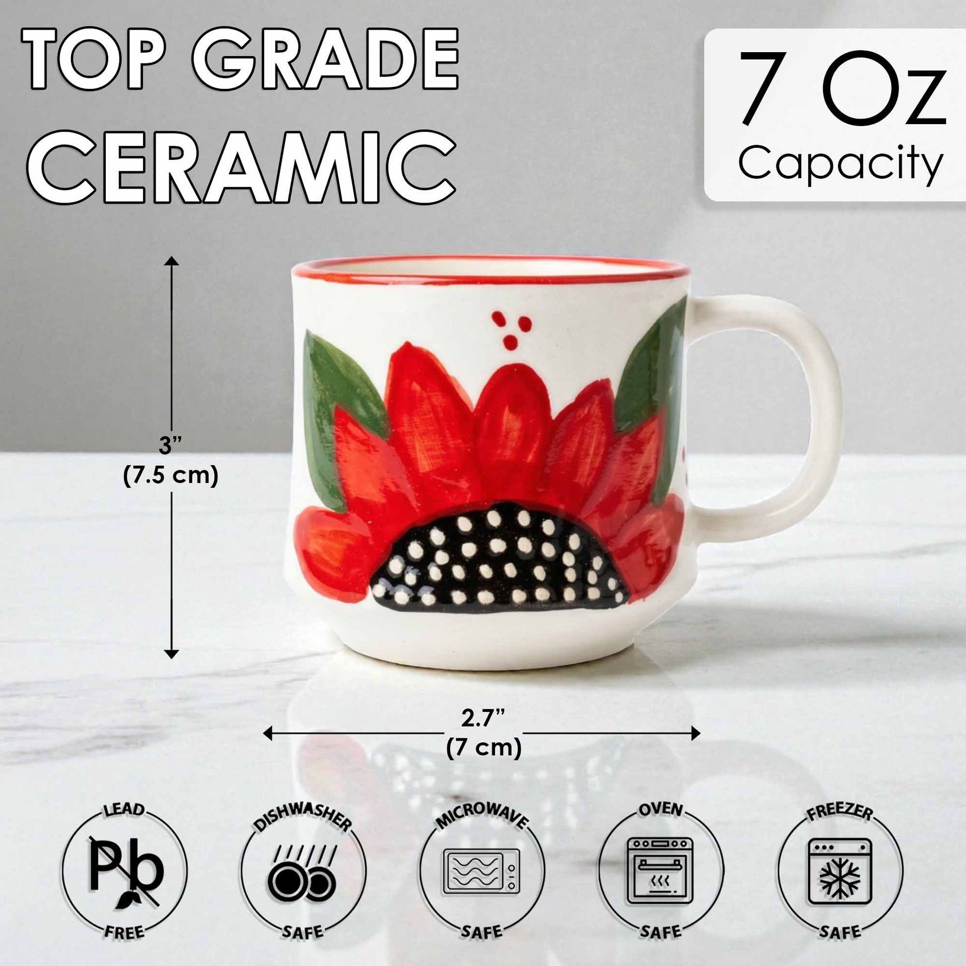 Ceramic mug with floral design and safety icons on a gray background