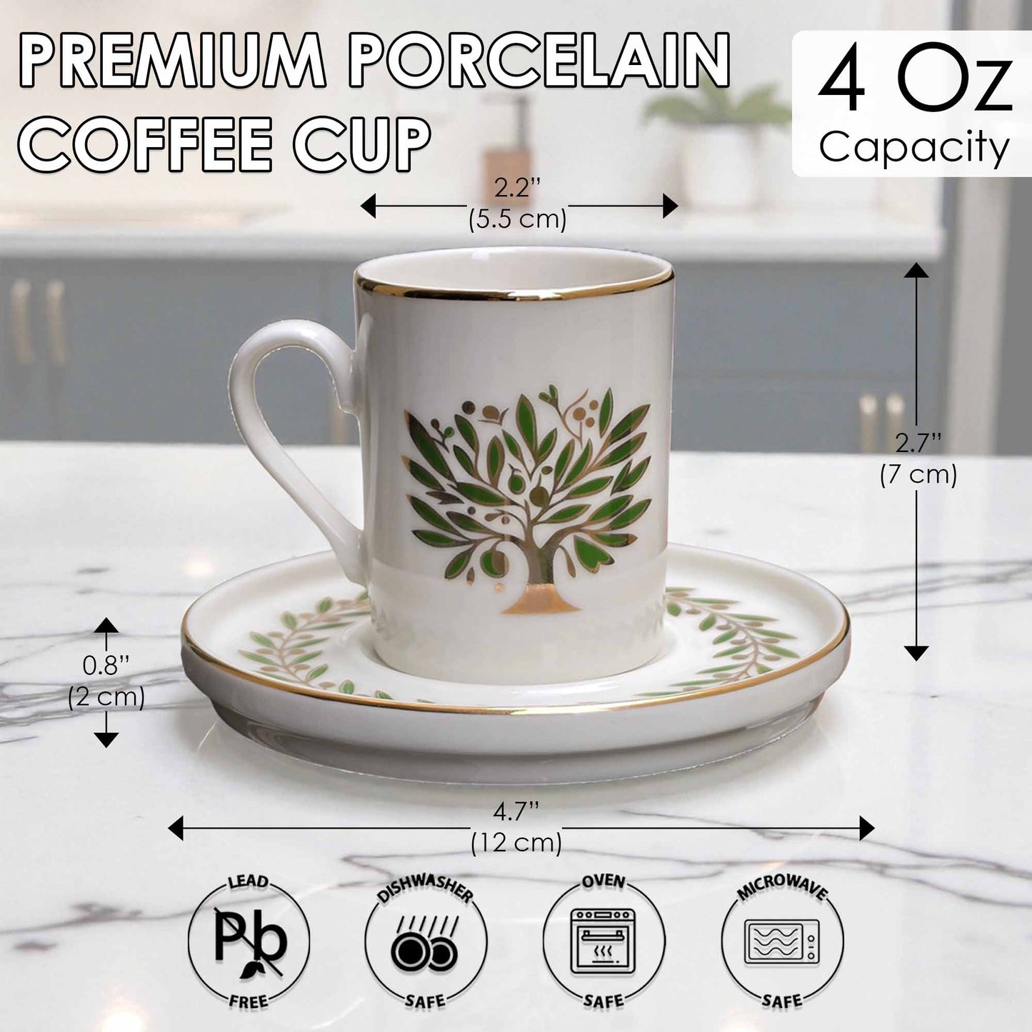 White coffee cup with green tree design on a saucer, with measurements and safety icons displayed.