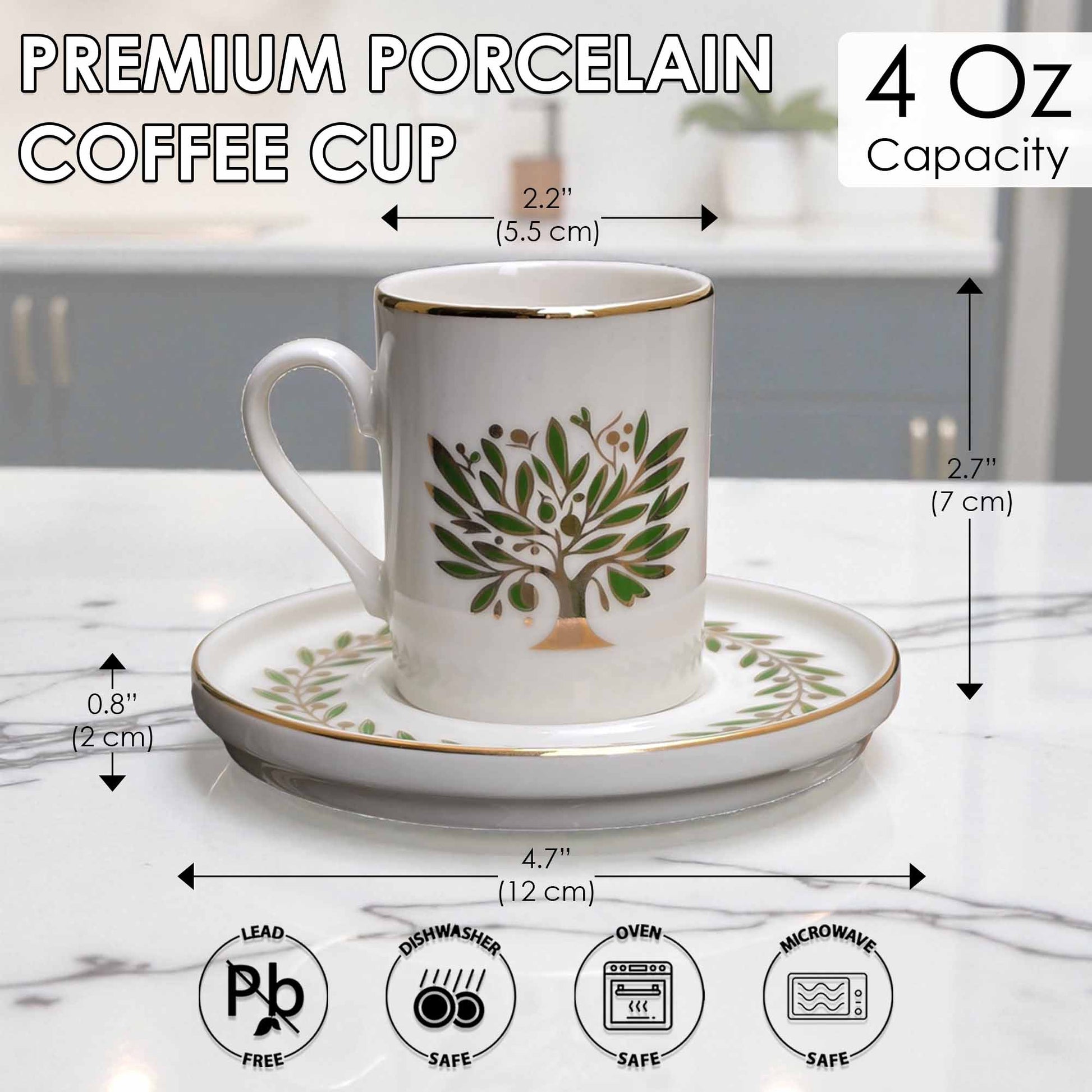 White coffee cup with green tree design on a saucer, with measurements and safety icons displayed.