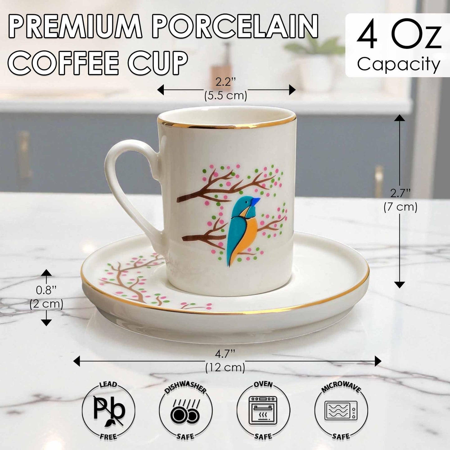 White coffee cup with blue bird design on a saucer, with measurements and safety icons displayed.