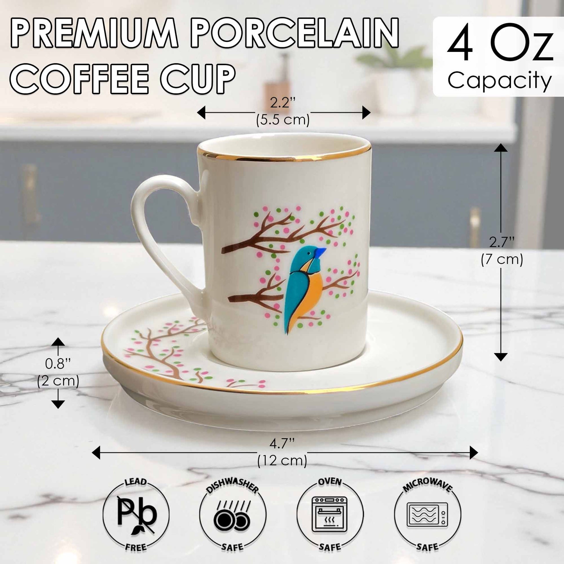 White coffee cup with blue bird design on a saucer, with measurements and safety icons displayed.