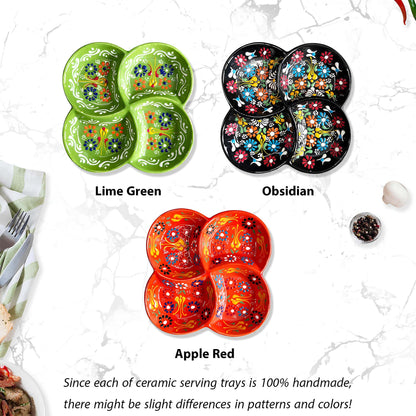 Ceramic serving trays in Lime Green, Obsidian, and Apple Red on a marble surface.