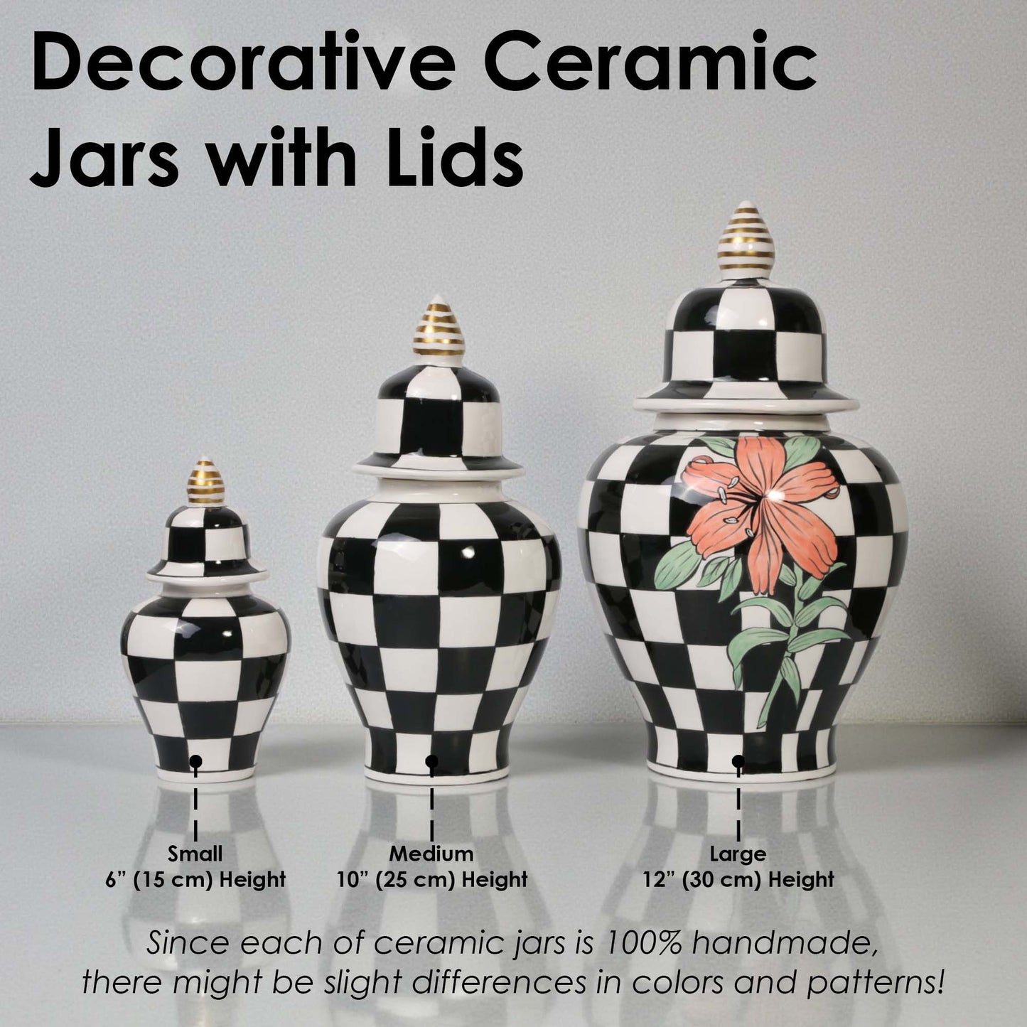 Decorative ceramic jars with lids of different sizes on a gray background