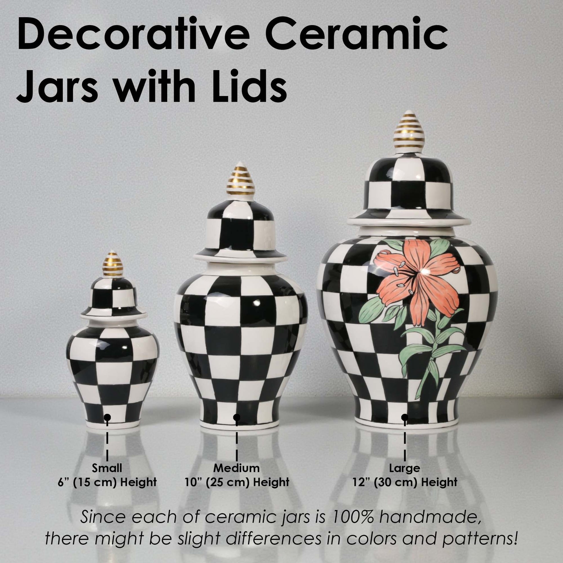 Decorative ceramic jars with lids of different sizes on a gray background