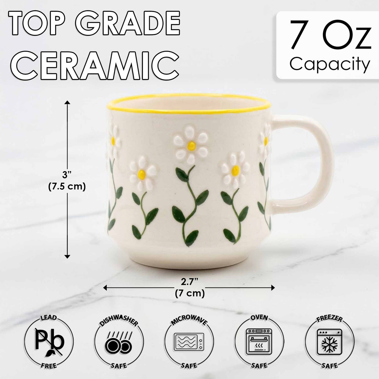 Ceramic mug with floral design and measurements on a white background