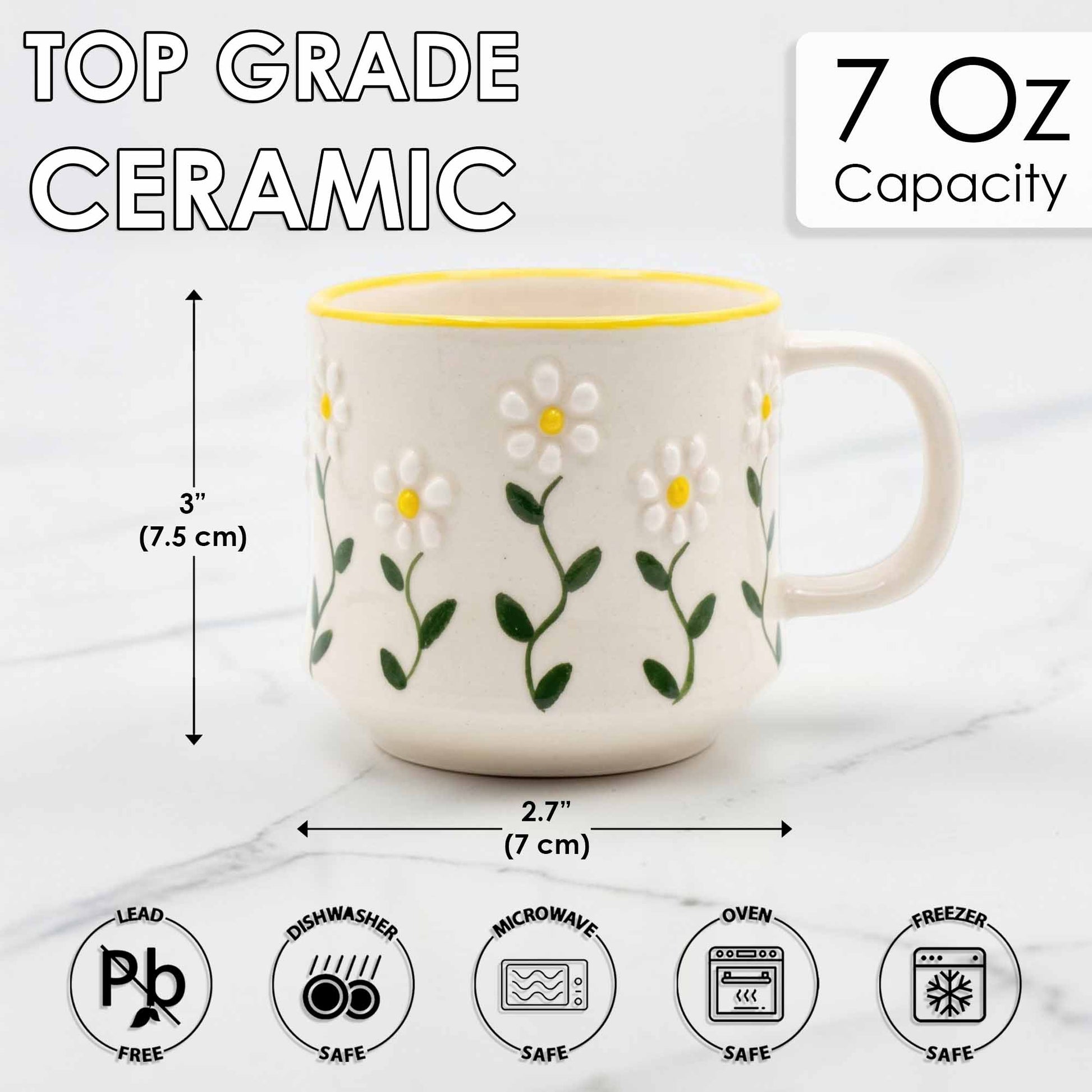 Ceramic mug with floral design and measurements on a white background