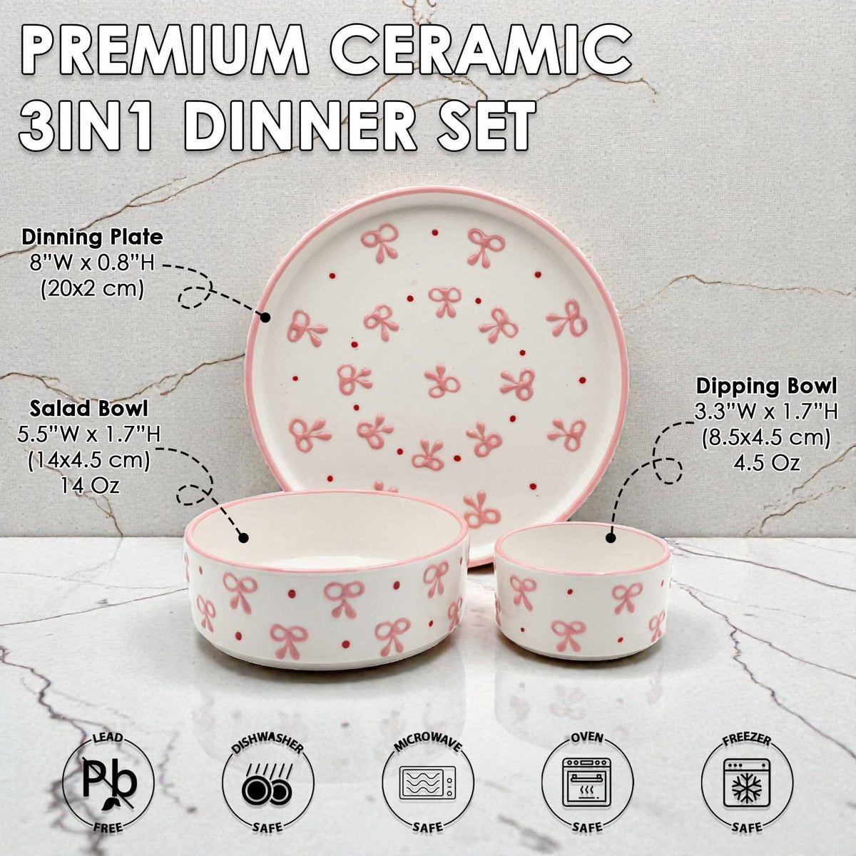 Premium ceramic 3-in-1 dinner set with bow and dot pattern on a marble background
