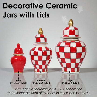 Handmade Ceramic Jar, Crimson Check Ceramic Jar with Lid