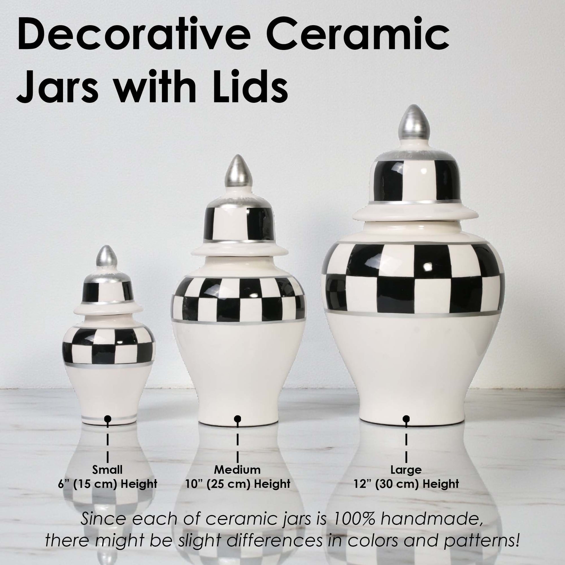 Decorative ceramic jars with lids of different sizes on a light gray background