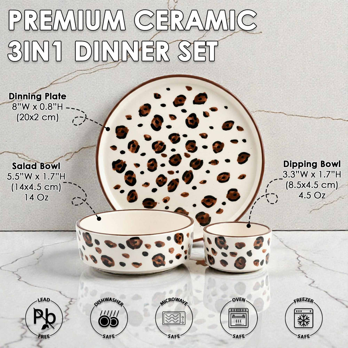 Premium ceramic 3-in-1 dinner set with coffee seeds print design on a marble surface