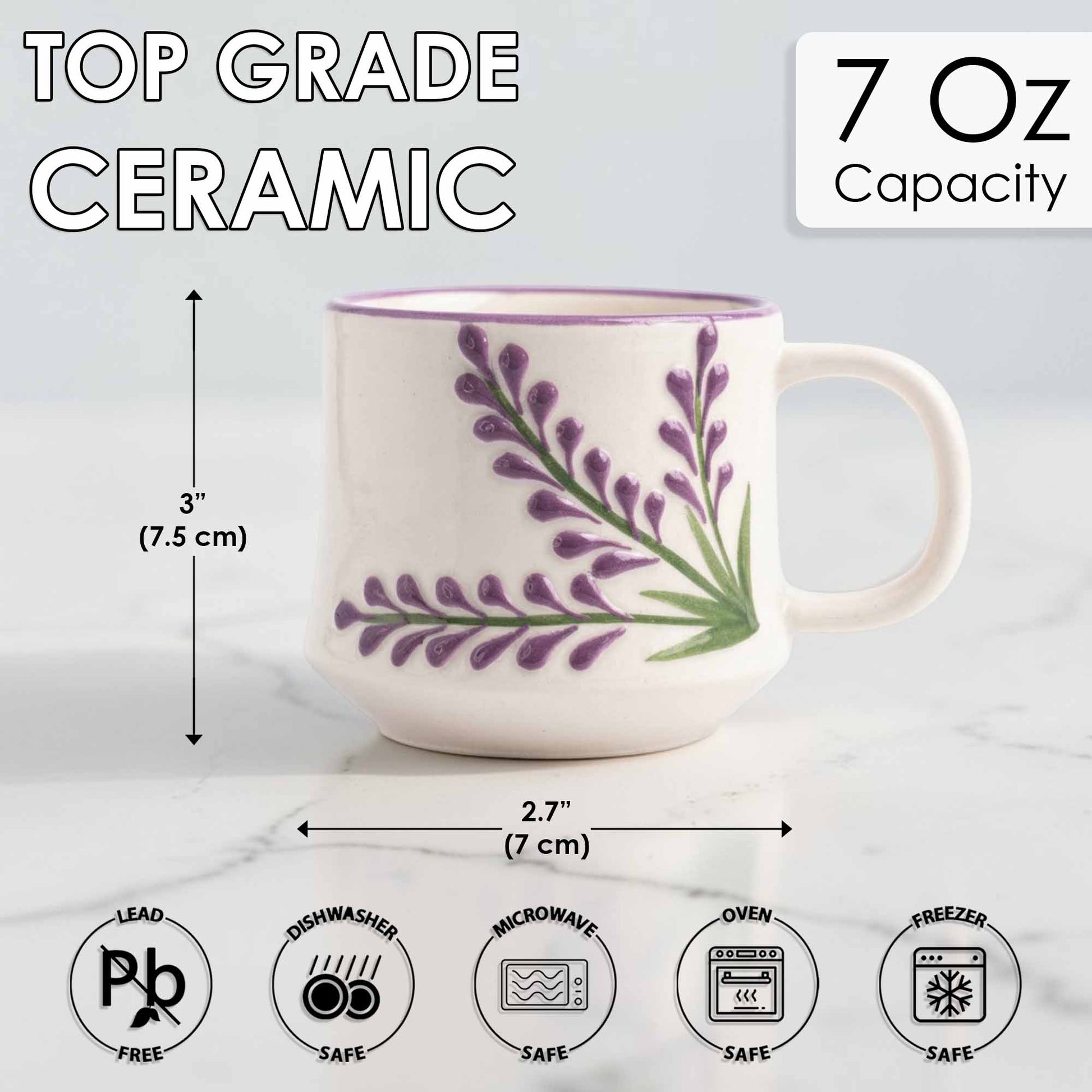 Ceramic mug with floral design, capacity and dimensions displayed