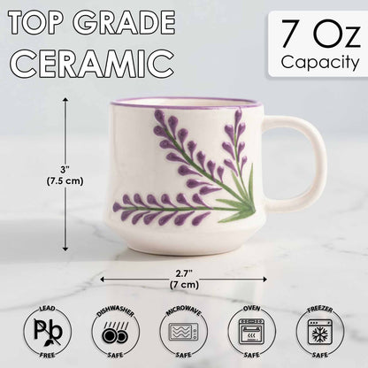 Ceramic mug with floral design, capacity and dimensions displayed