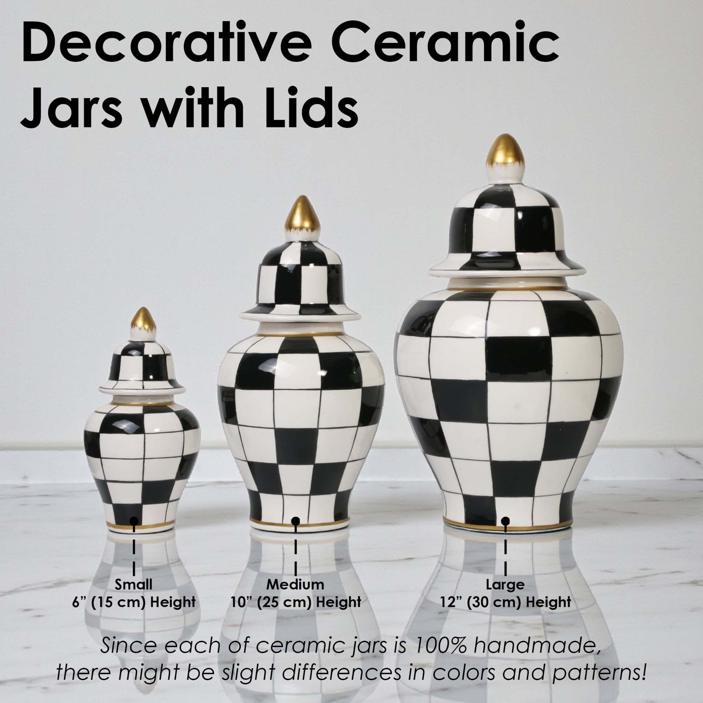 Decorative ceramic jars with lids in black and white checkered pattern on a light background