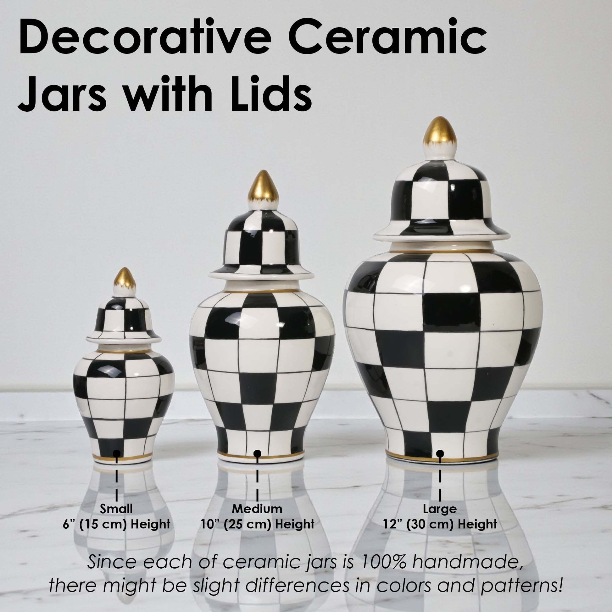 Decorative ceramic jars with lids in black and white checkered pattern on a light background