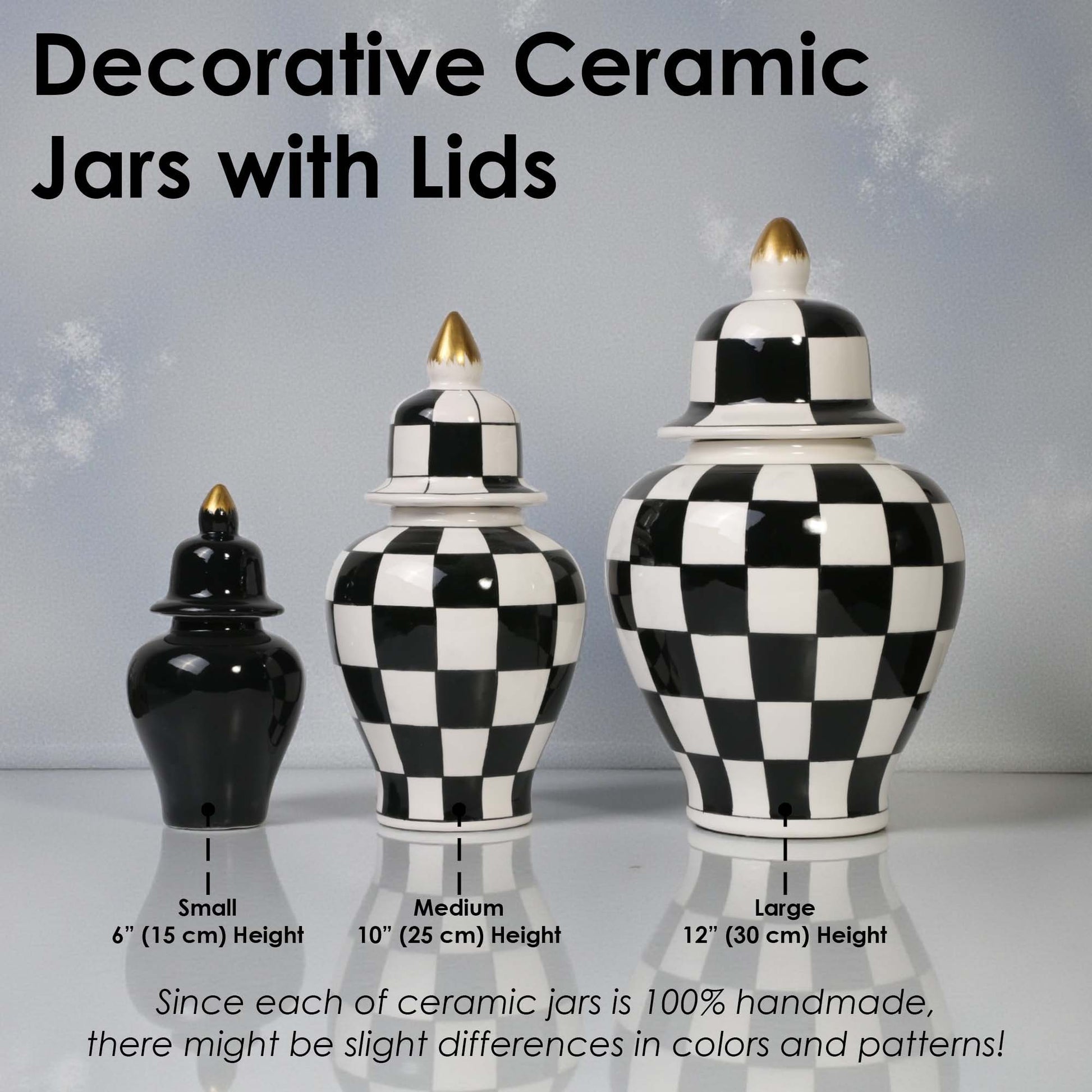 Decorative ceramic jars with lids in black and white checkered pattern on a gray background