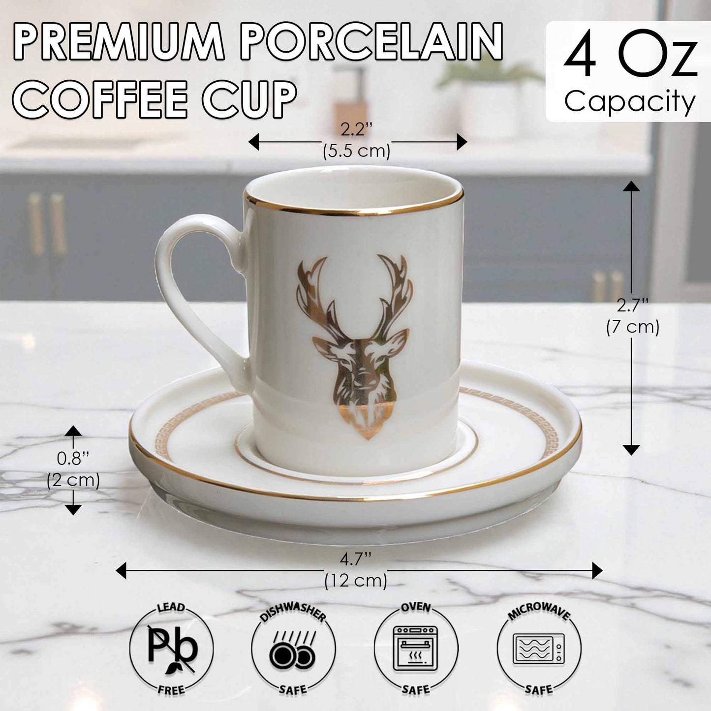 White coffee cup with deer design on a saucer, with measurements and safety icons displayed.