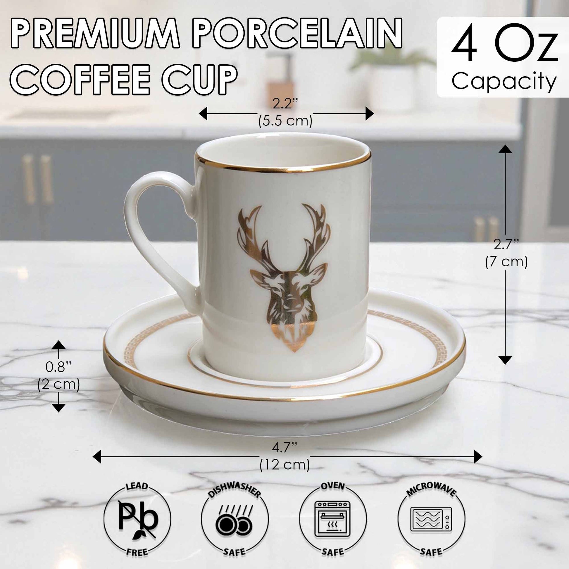 White coffee cup with deer design on a saucer, with measurements and safety icons displayed.