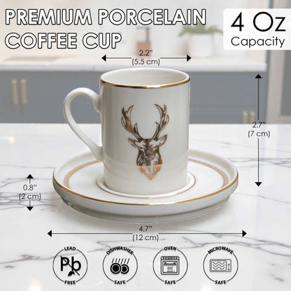 White coffee cup with deer design on a saucer, with measurements and safety icons displayed.