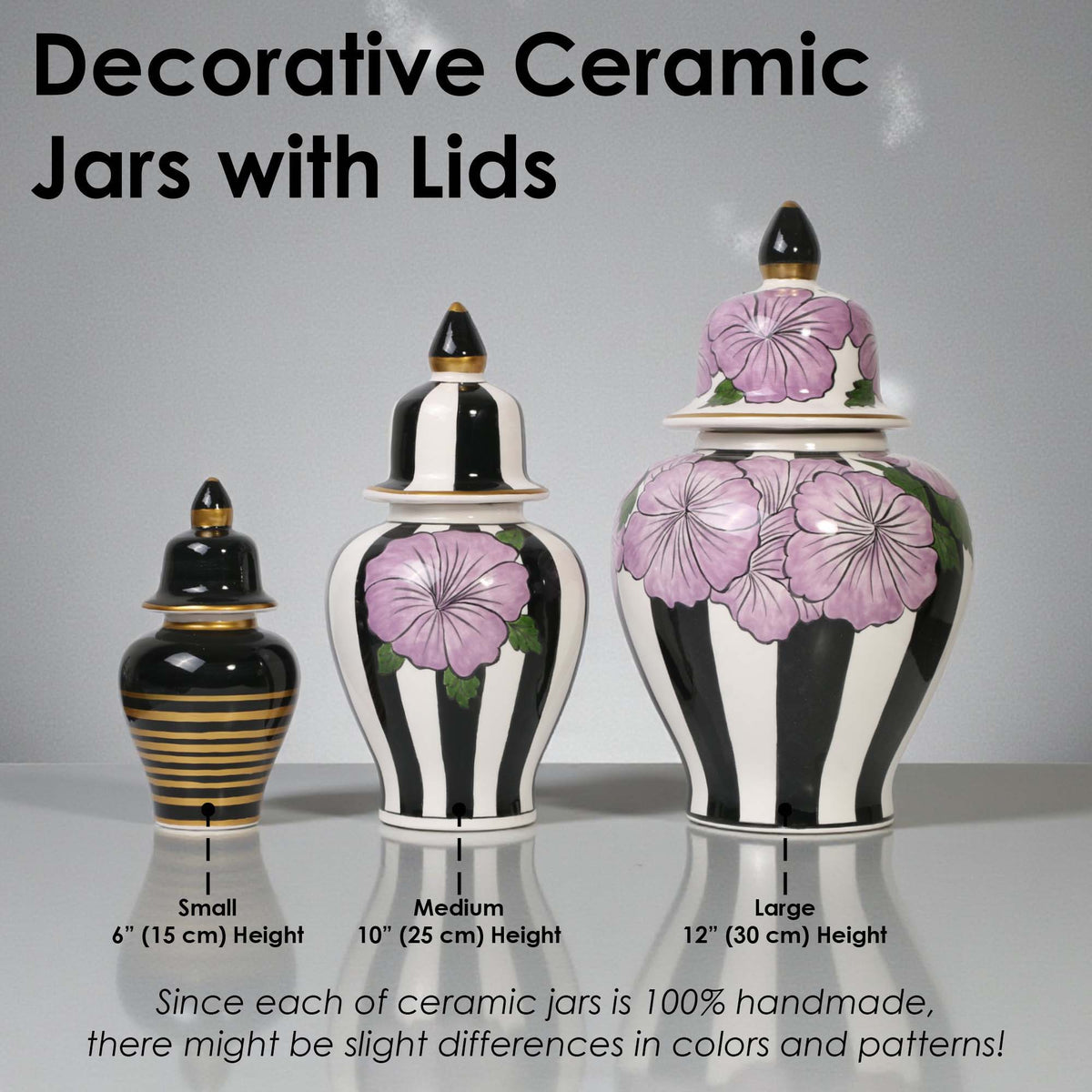 Decorative ceramic jars with lids on a gray background