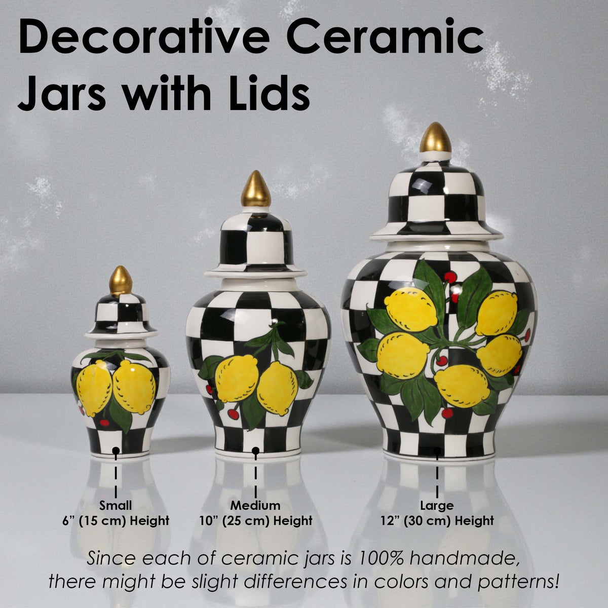 Decorative ceramic jars with lids of different sizes on a gray background
