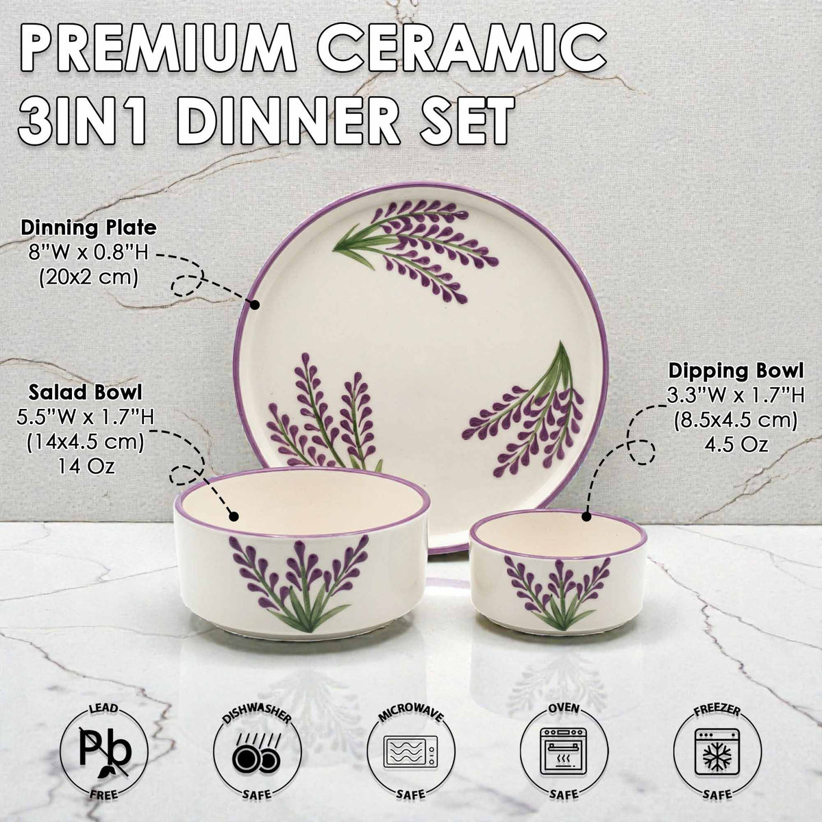 Premium ceramic 3-in-1 dinner set with lavender design on a marble surface.