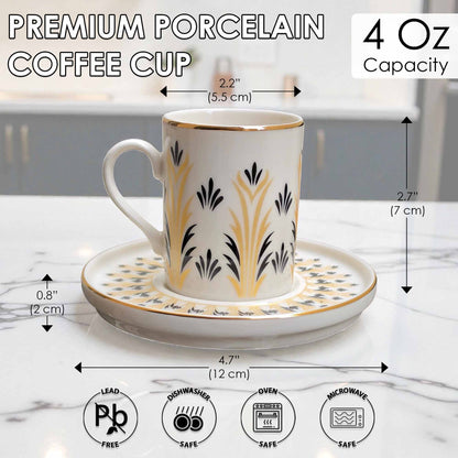 White coffee cup with gold and black design on a saucer, with measurements and safety icons displayed.