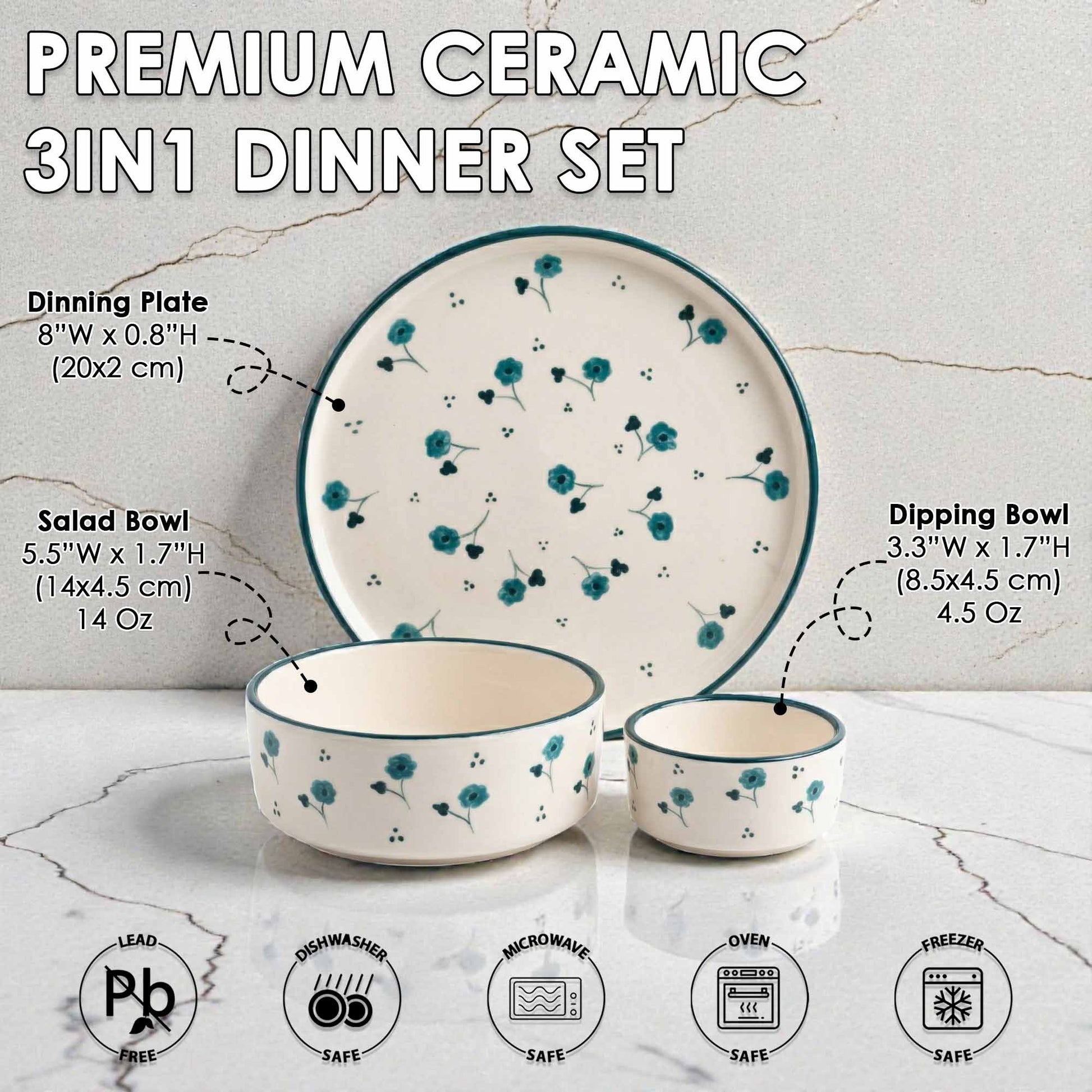 Premium ceramic 3-in-1 dinner set with floral design on a marble background