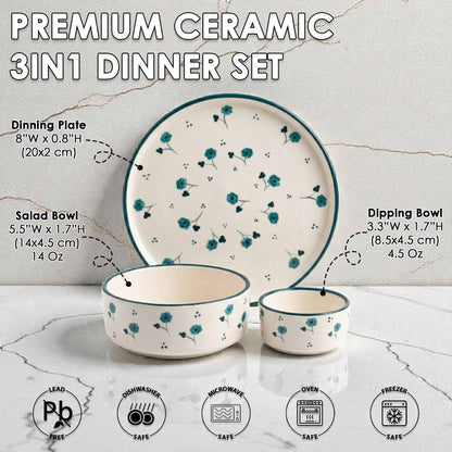 Premium ceramic 3-in-1 dinner set with floral design on a marble background
