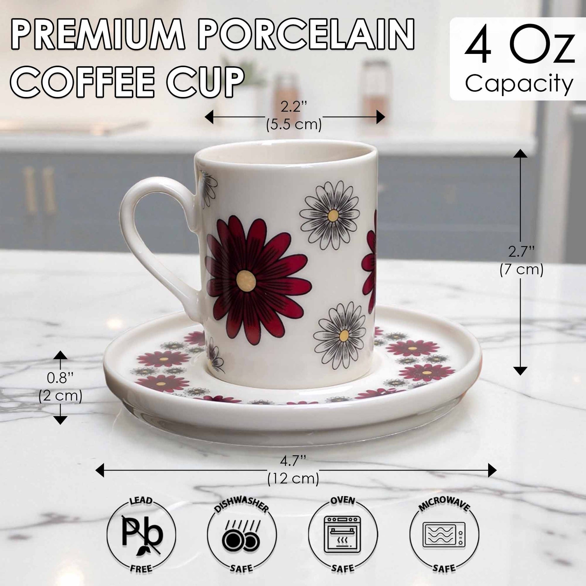 White coffee cup with floral design on a saucer, shown with measurements and safety icons.