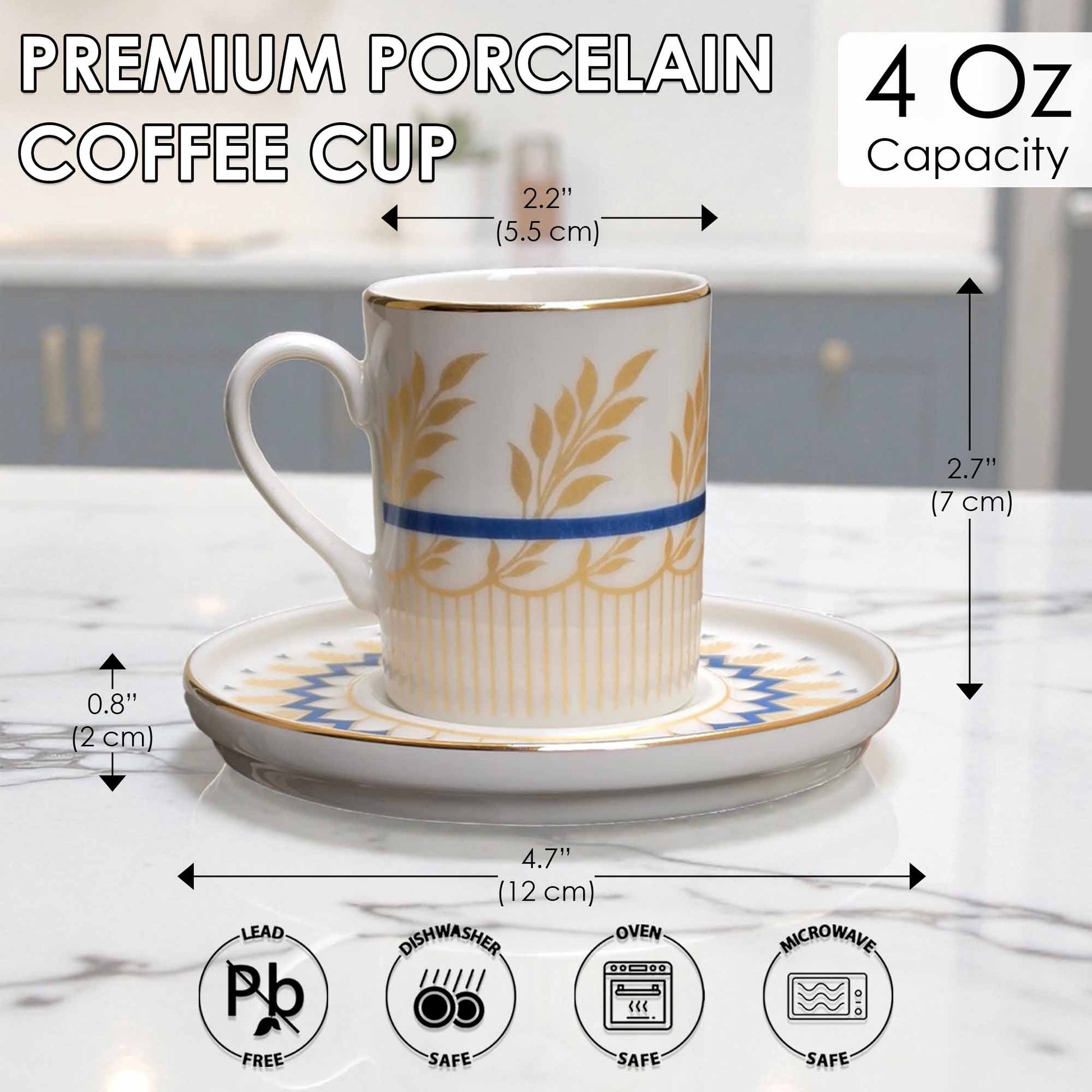 White coffee cup with gold and blue design on a saucer, with measurements and safety icons displayed.