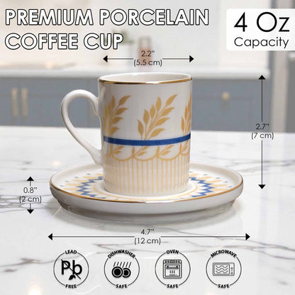 White coffee cup with gold and blue design on a saucer, with measurements and safety icons displayed.