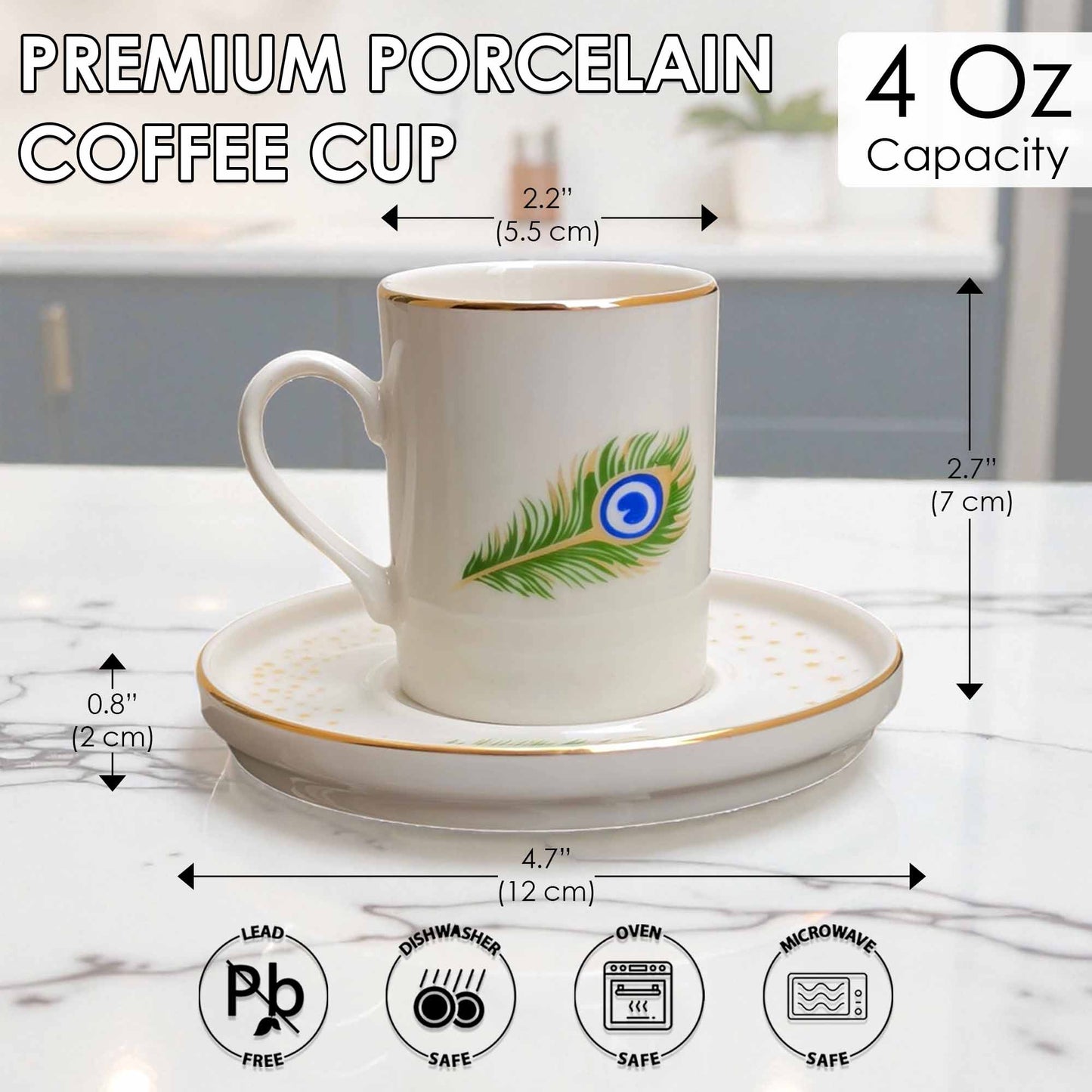 White porcelain coffee cup with peacock feather design on a saucer, with measurements and safety icons displayed.