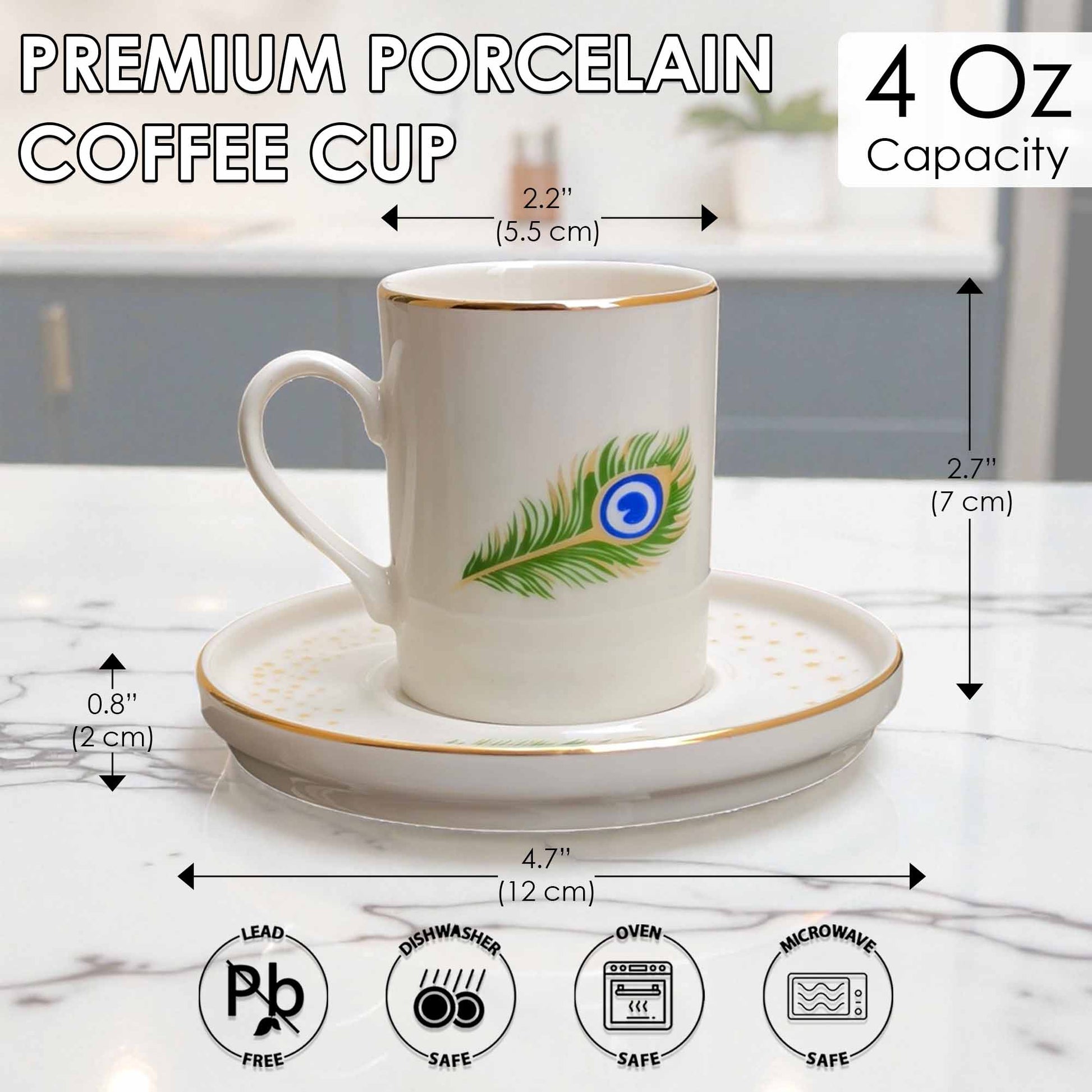 White porcelain coffee cup with peacock feather design on a saucer, with measurements and safety icons displayed.