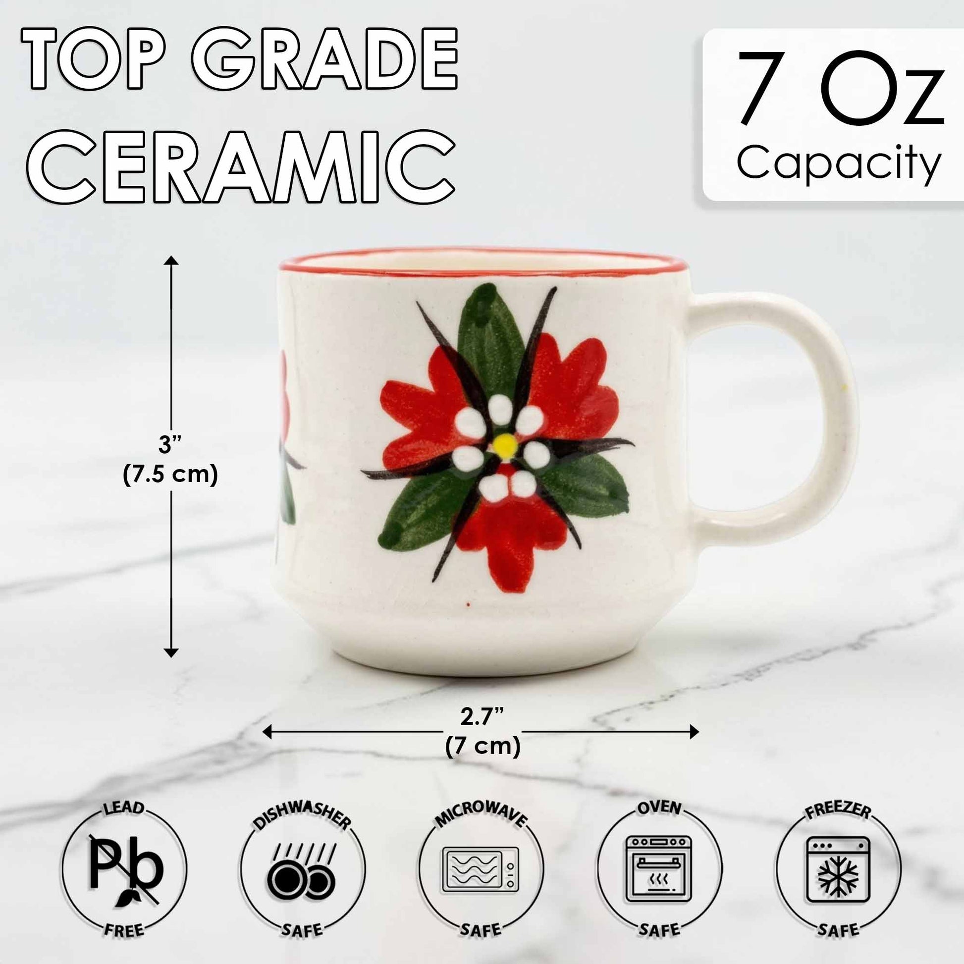Ceramic mug with floral design, capacity, and safety features displayed on a white background
