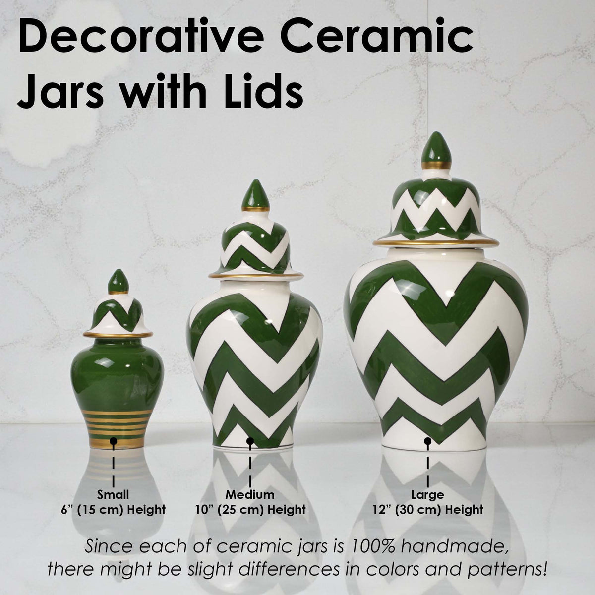 Decorative ceramic jars with lids on a reflective surface with a light gray background