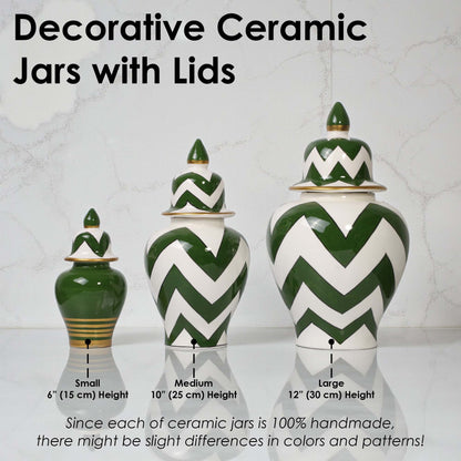 Decorative ceramic jars with lids on a reflective surface with a light gray background