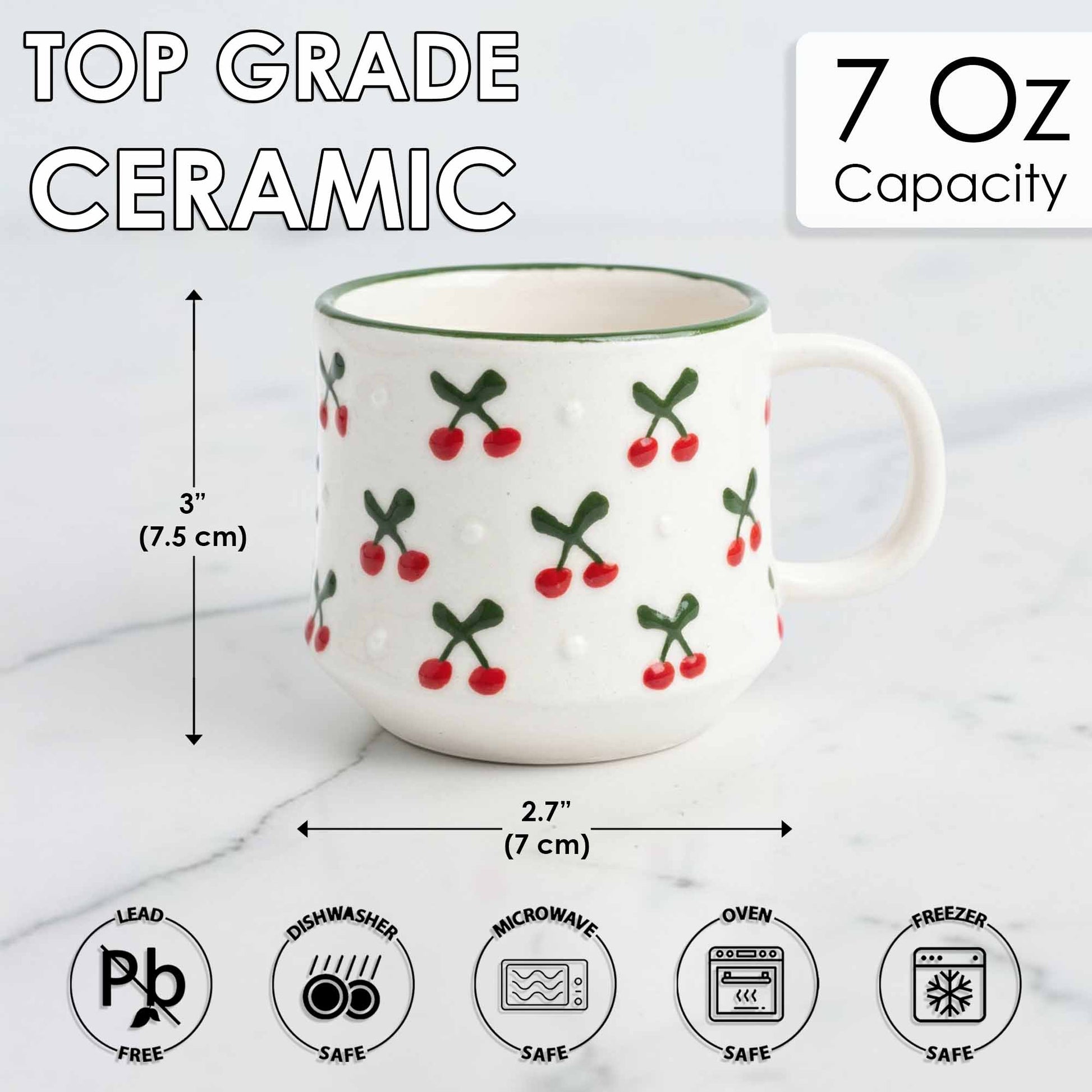 Ceramic mug with cherry design and safety icons on a white background