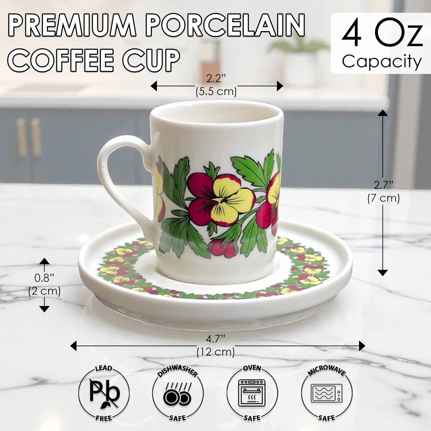 Floral-patterned coffee cup with saucer on a marble surface, with measurements and safety icons displayed.