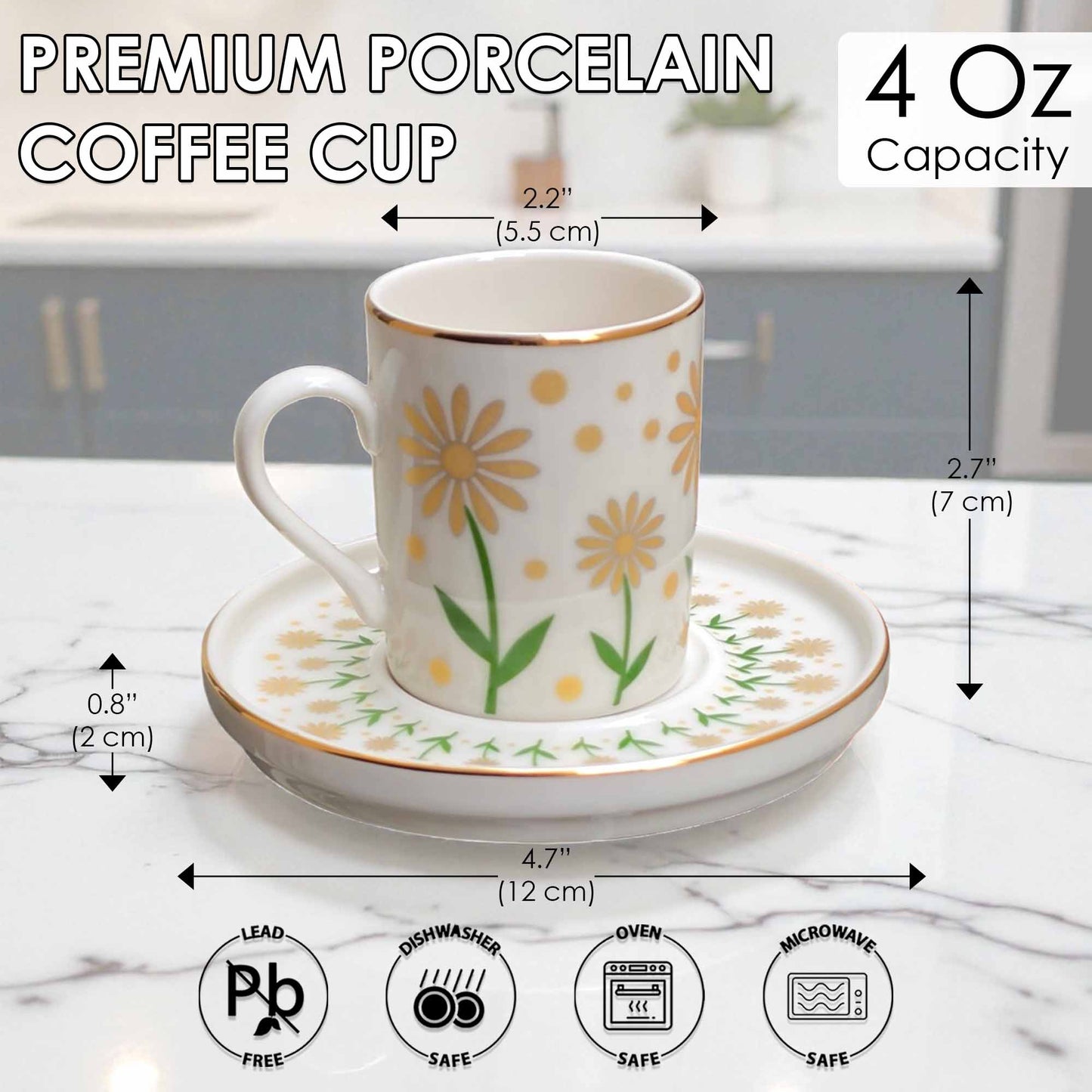 White coffee cup with floral design on a saucer, dimensions, and safety icons displayed.