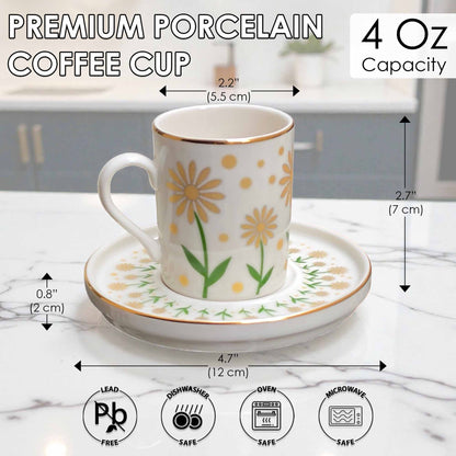 White coffee cup with floral design on a saucer, dimensions, and safety icons displayed.