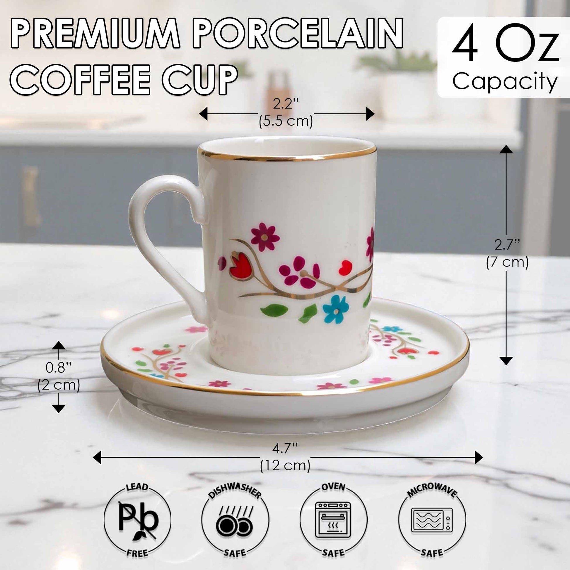 White porcelain coffee cup with floral design on a saucer, with measurements and safety icons displayed.